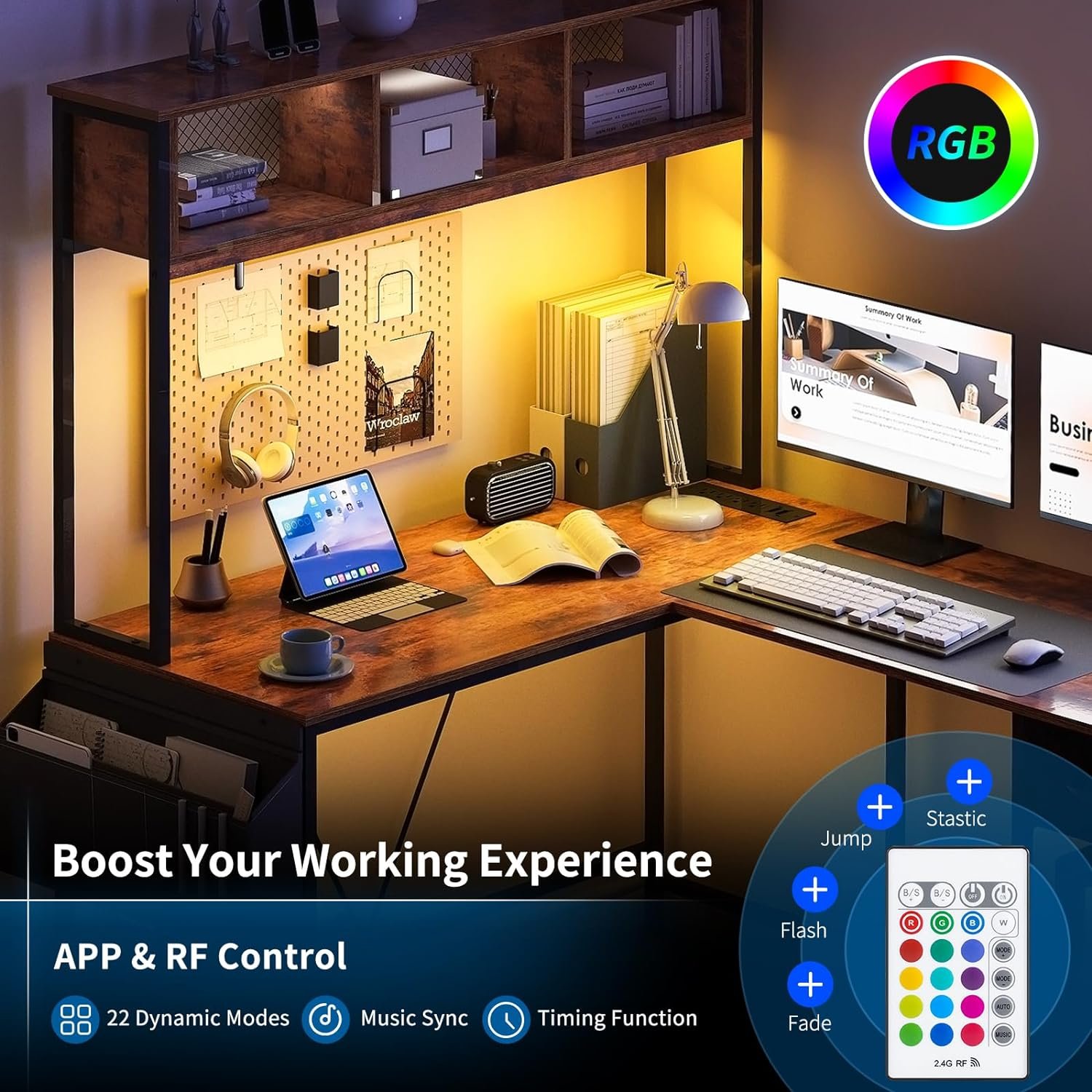 Yoobure L Shaped Desk Gaming Desk with LED Strip Power Outlet, Reversible L-Shaped Computer Desk with Storage Shelf Drawer, Corner Desk with Storage Bag, 2 Person Home Office Desk, Black