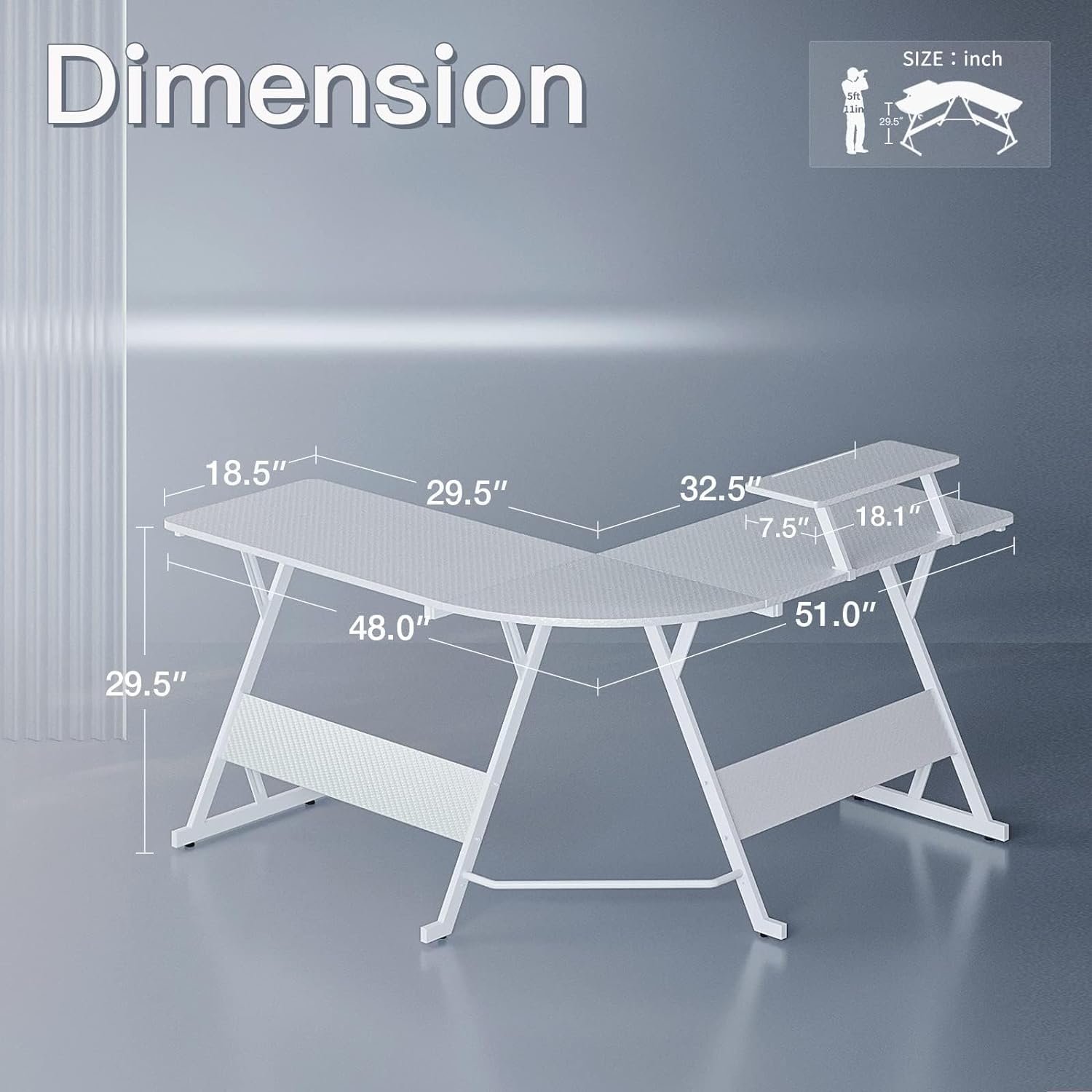 L-shaped desk with dimensions: 51 inches on the left side, 48 inches on the right side, 29.5 inches height, 18.5 inches depth. Image includes a person sketch for size reference.