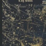 A dark blue cover of an "Astronomy Log Book" featuring a vintage star chart with constellations and celestial illustrations in gold.