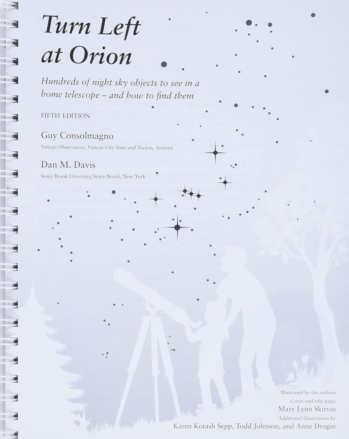 Cover image of "Turn Left at Orion, Fifth Edition," featuring a silhouette of an adult and child observing the night sky with a telescope, stars, and constellations illustrated in the background.