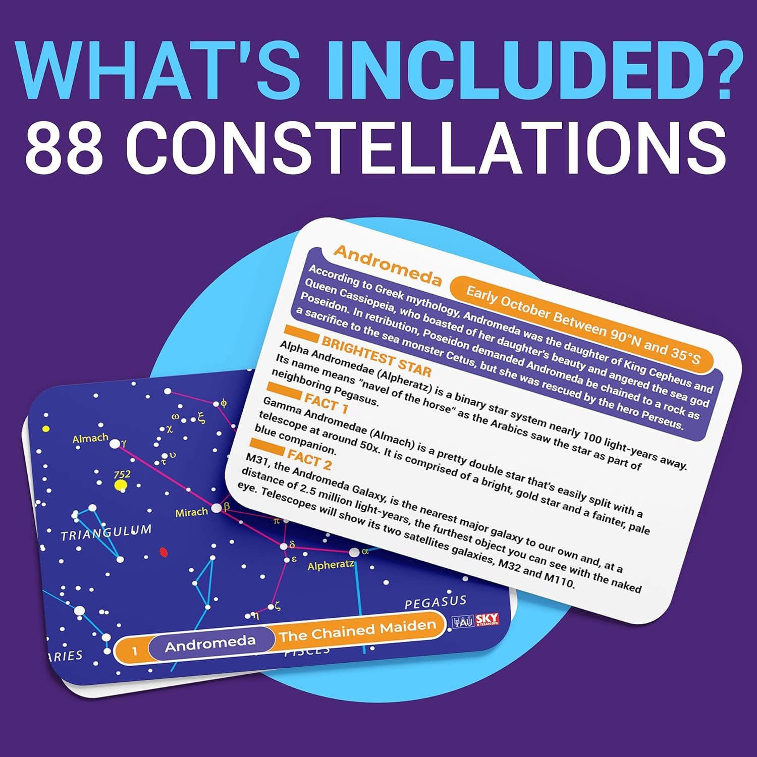 Image shows a set of constellation cards titled "What's Included? 88 Constellations" with the Andromeda card at the forefront, containing information about the constellation and its mythology.