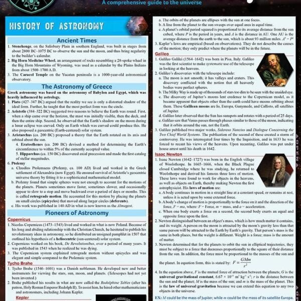 An astronomy quick study guide featuring a timeline of historical facts about the history of astronomy, detailing contributions from ancient times, Greek and Roman astronomy, and notable astronomers like Galileo and Copernicus.