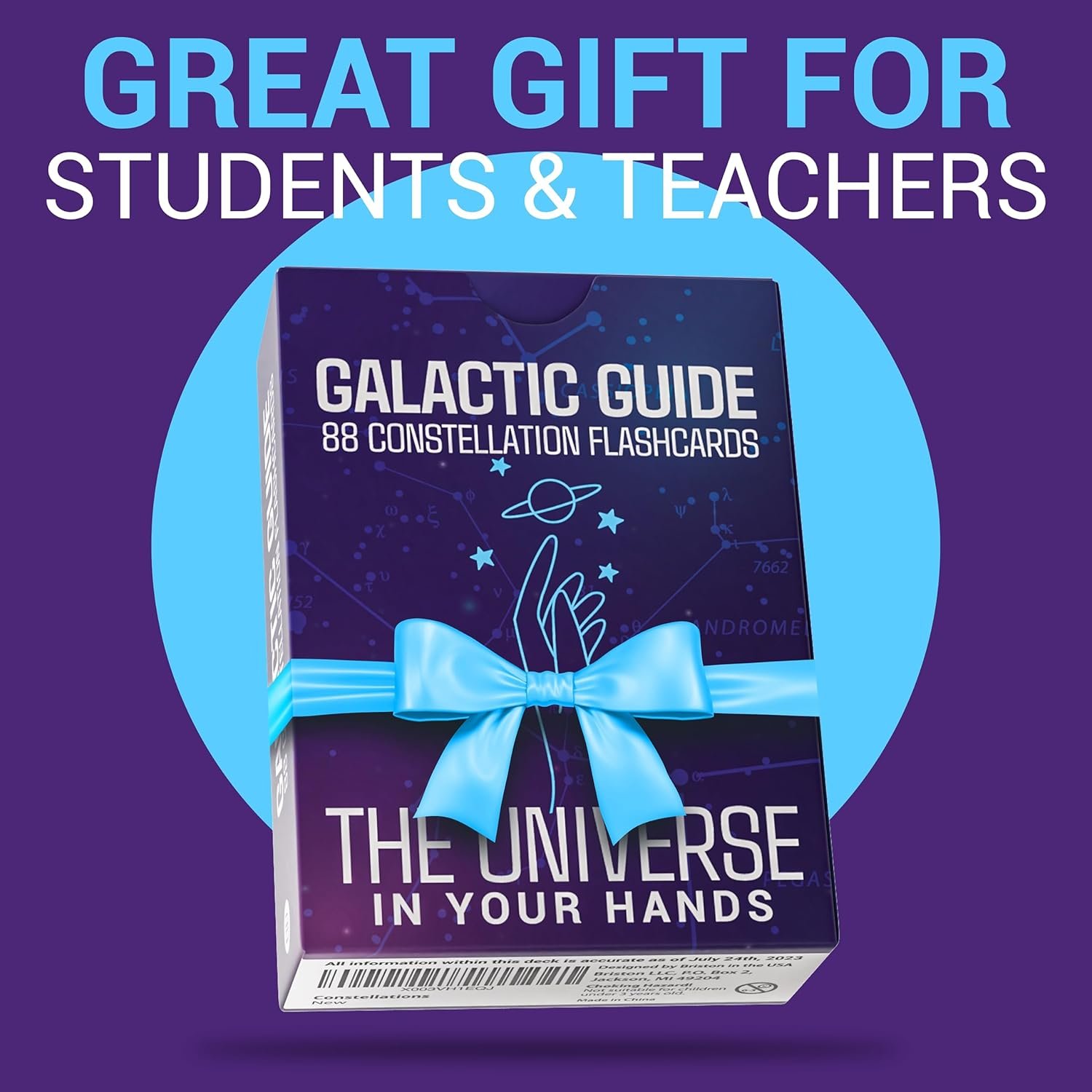 Box of 'Galactic Guide' constellation flashcards with a label reading "Great Gift for Students & Teachers," tied with a blue ribbon against a purple and blue background.