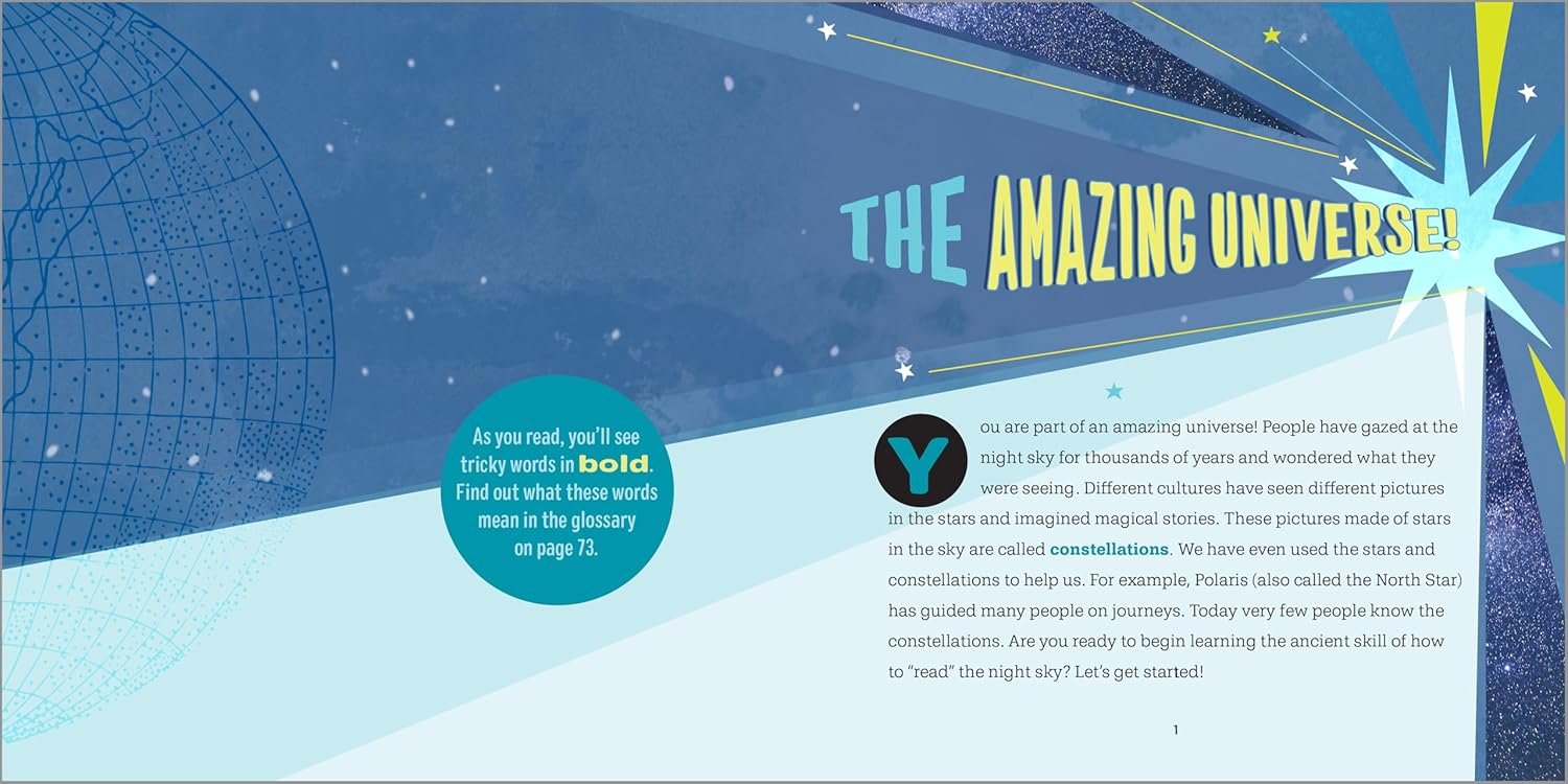 Illustrated page from a book titled "The Amazing Universe!" featuring text about constellations and different cultural interpretations of stars. A note points out bold words and a glossary on page 73.