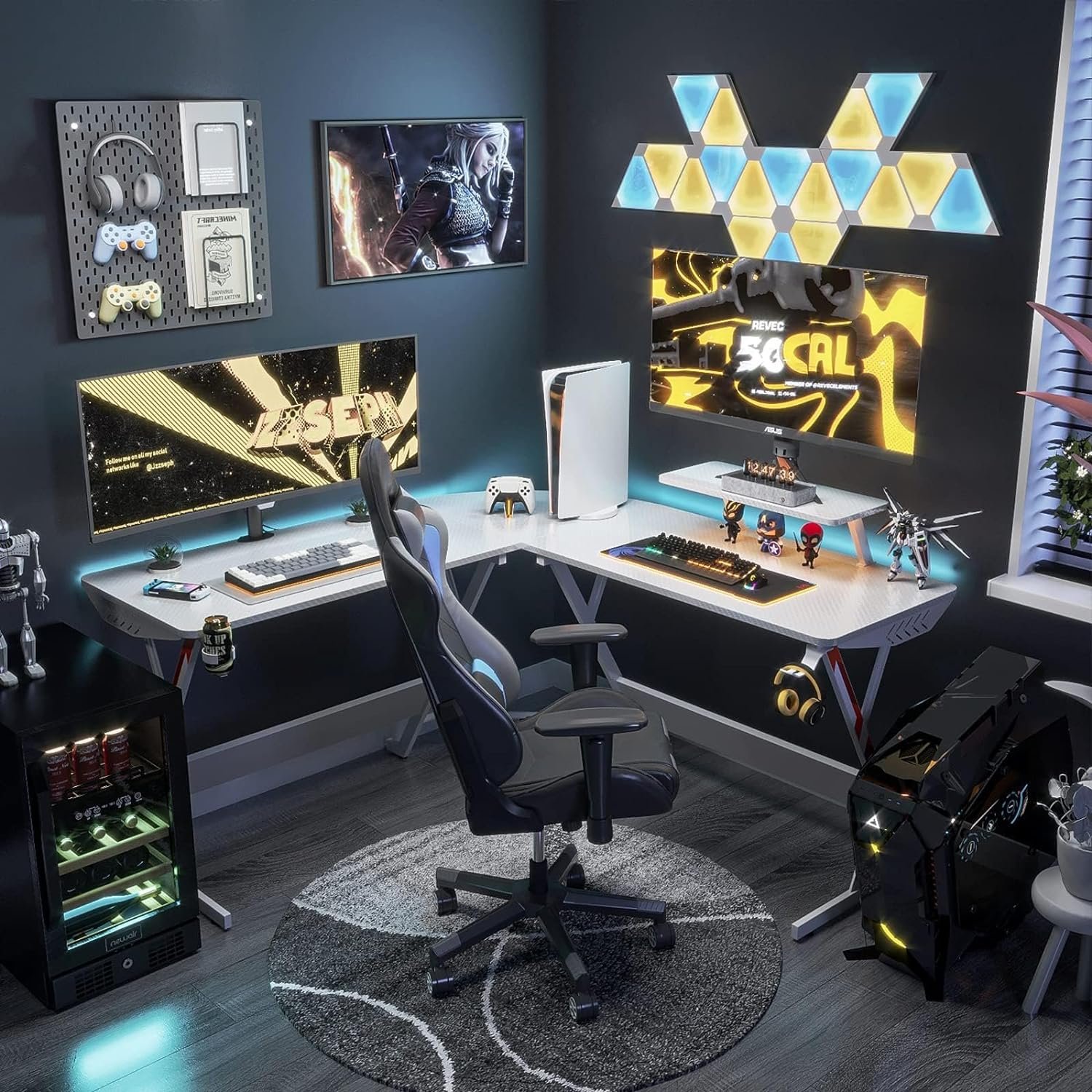 A modern gaming and workstation setup featuring dual monitors, a gaming chair, LED wall panels, and various gaming accessories on the walls and desk.