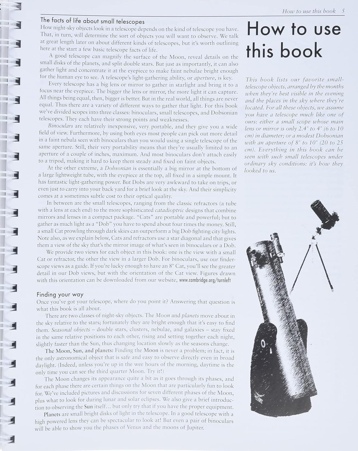 A page from a book titled "How to use this book" featuring text about small telescopes, their usage, and their benefits. There is an image of a small telescope in the bottom right corner.