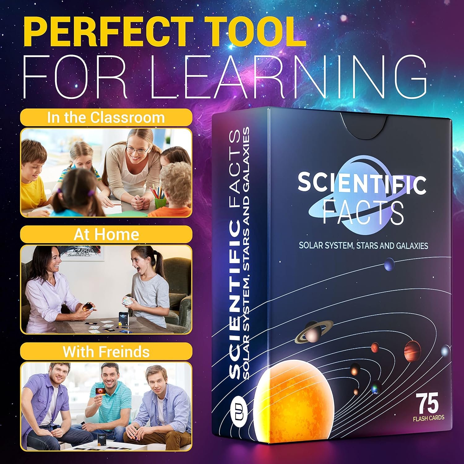 Box of "Scientific Facts" flash cards featuring topics on the solar system, stars, and galaxies. Three images depict usage scenarios: in the classroom, at home, and with friends. Text reads "Perfect Tool for Learning.