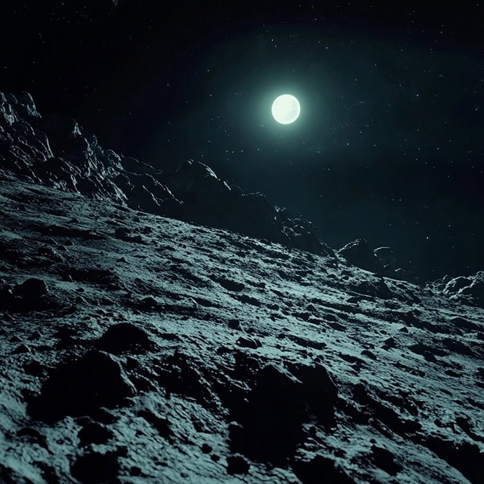 The Artemis Moon: A New Era of Lunar Exploration 3 A bright moon shines over a rocky, uneven surface in a dark night sky, marking the dawn of a new era in lunar exploration with the Artemis Moon mission.