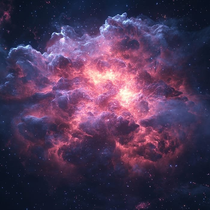 Can the Big Bang theory be proved 8 A vibrant nebula in deep space with swirling clouds of pink, red, and purple gases, reminiscent of the cosmic formations following the Big Bang theory, illuminated by bright stars.