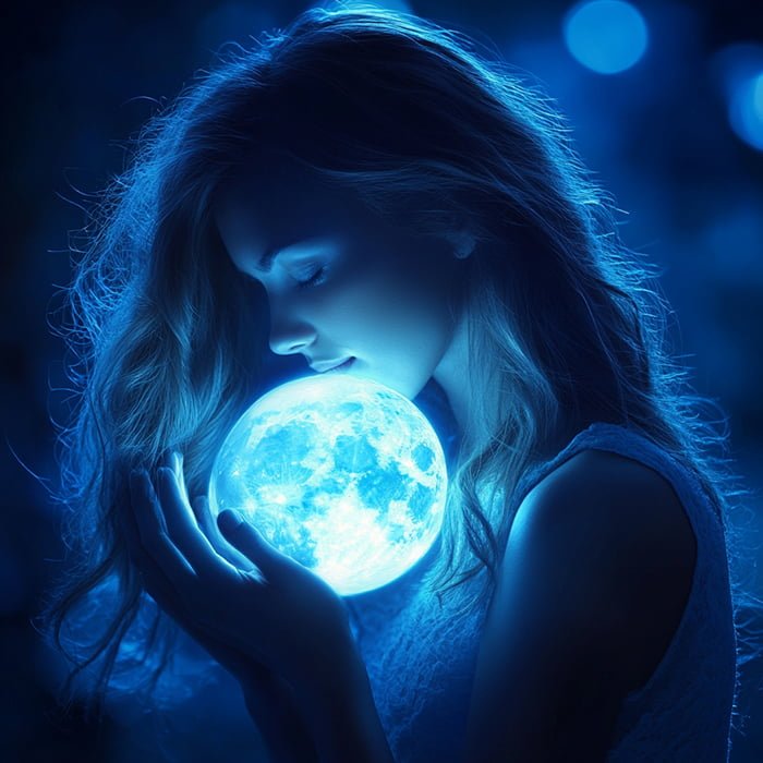 A person holds a glowing blue orb close to their face, as if cradling a piece of the moon, surrounded by a dark, ethereal background.