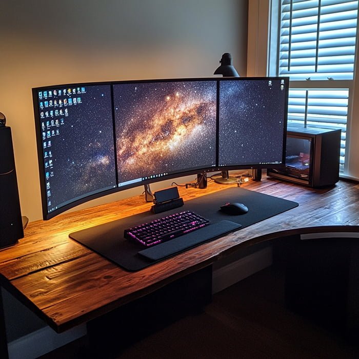 A computer desk with a wooden finish, featuring three curved monitors displaying space images, a colorful backlit keyboard, a mouse on a large mouse pad, and a small desktop computer.