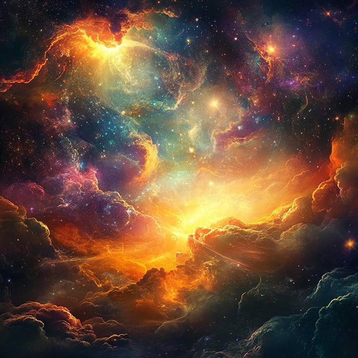 How was the universe created? 2 A vibrant, colorful nebula with glowing clouds of gas and dust in space, showcasing hues of orange, yellow, green, and purple. Bright stars are scattered throughout the scene, adding to the visual splendor of the universe.