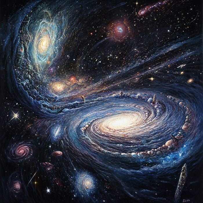 How was the universe created? 1 A detailed, colorful painting depicts swirling galaxies, stars, and cosmic dust, capturing the vibrant beauty of the expansive universe.