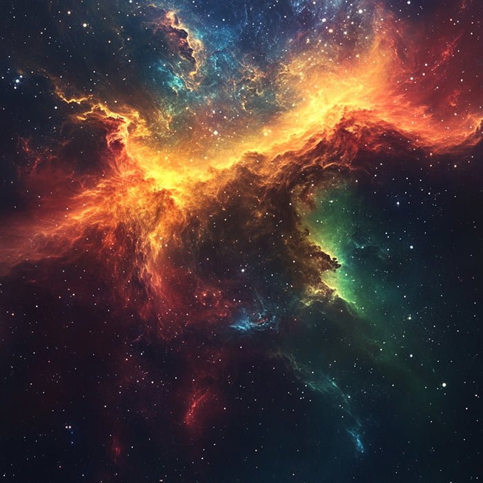 How was the universe created? 3 A colorful nebula in the vast universe, with bright reds, yellows, greens, and blues creating a luminous and cloud-like formation against a starry background.
