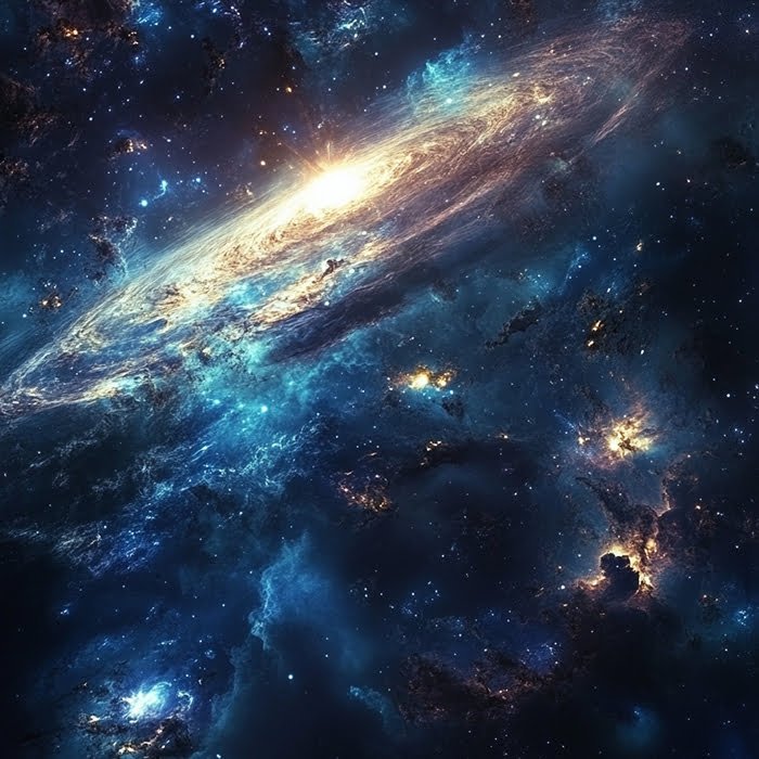 A glowing spiral galaxy, possibly one of the oldest things in the universe, is surrounded by bright stars and energy clusters in deep blue space.