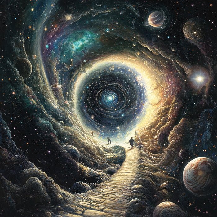 Exploring the Oldest Thing in the Universe: A Journey Through Time and Space 4 A pathway leads towards a swirling cosmic vortex, surrounded by stars, planets, and nebulae. Among these celestial wonders, the oldest thing in the universe glimmers faintly as two figures walk towards the center.
