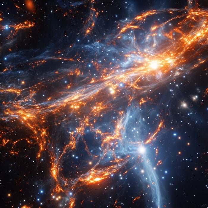 The Rarest Thing in the Universe 3 A vibrant cosmic scene featuring bright orange and blue nebulous clouds set against a backdrop of countless stars in deep space, making it feel like you're witnessing the rarest thing in the universe.