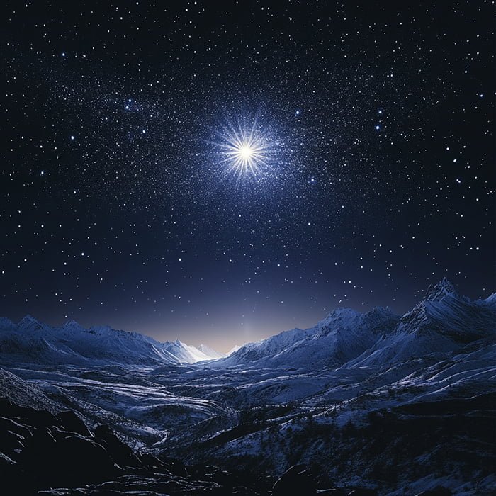 What is the most famous star name 5 A famous star illuminates a snowy mountain landscape under a clear, star-filled night sky.