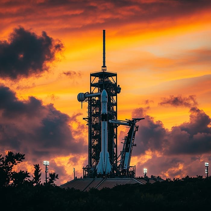 A SpaceX rocket stands at a launch pad against a backdrop of a vibrant orange and yellow sunset sky with scattered dark clouds.