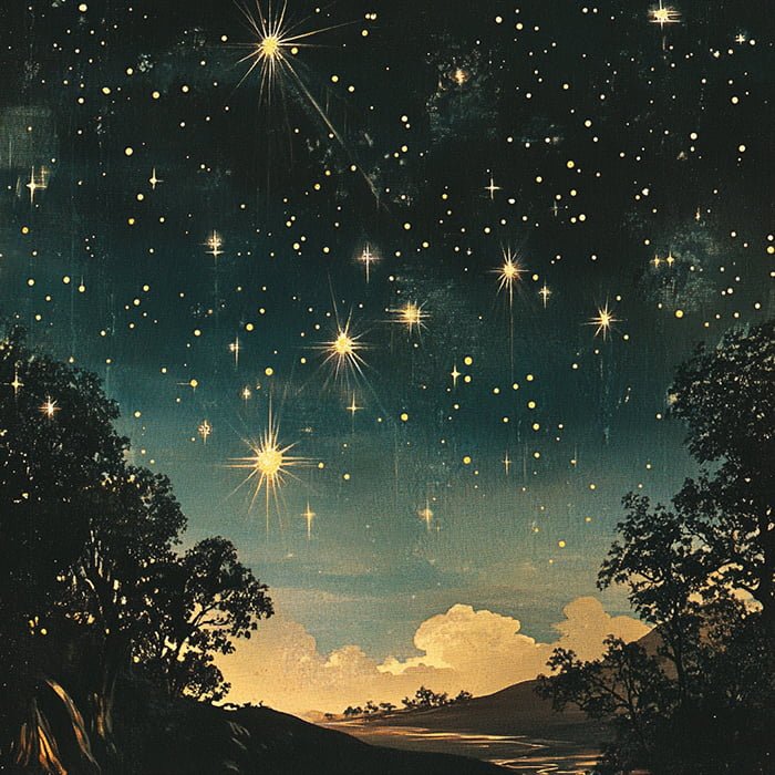 Stars in the Night Sky: A Celestial Journey Through Science and Symbolism 2 A celestial journey unfolds beneath a starry night sky, with numerous bright stars illuminating the silhouette of trees and hills.