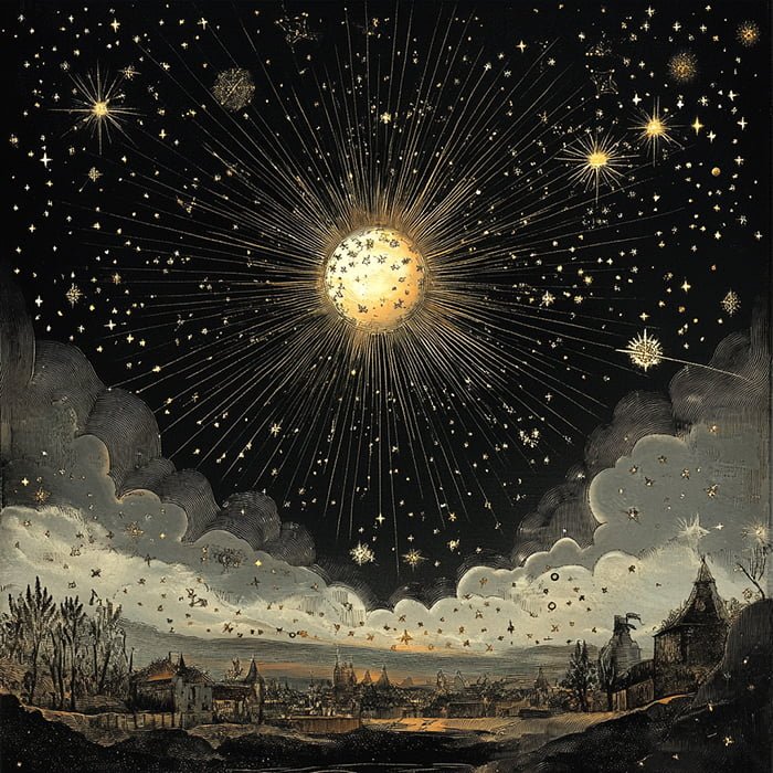 An artistic depiction of a glowing celestial body radiating light, surrounded by stars on a celestial journey through the night sky, with a village landscape below under a blanket of clouds.
