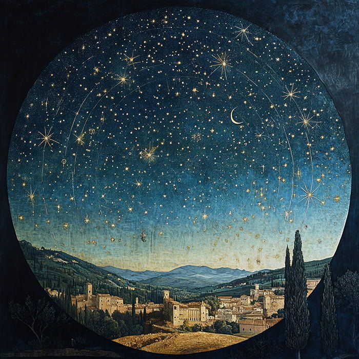 Stars in the Night Sky: A Celestial Journey Through Science and Symbolism 1 A circular painting depicts a celestial journey with a night sky filled with stars and a crescent moon over a detailed landscape of hills, buildings, and trees.