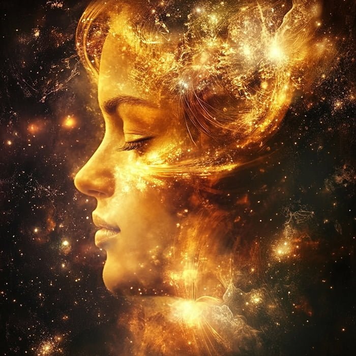 Profile of a woman's face merged with a cosmic scene of stars and nebulae, creating an ethereal, celestial effect reminiscent of the Twin Flames Universe.