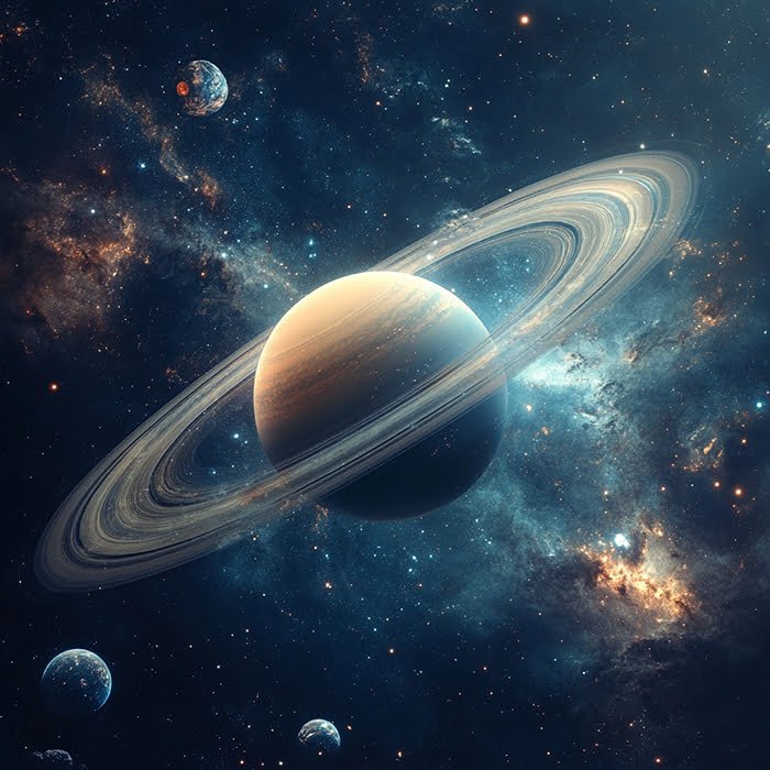 What is the Biggest Planet in the Universe 1 Image of the biggest planet with prominent rings, surrounded by stars and other celestial bodies in space.