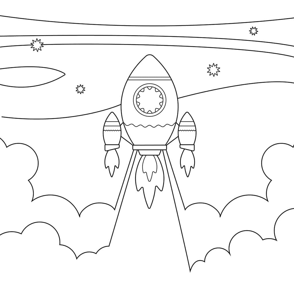 A cartoon rocket launches into space with clouds below and stars in the background.