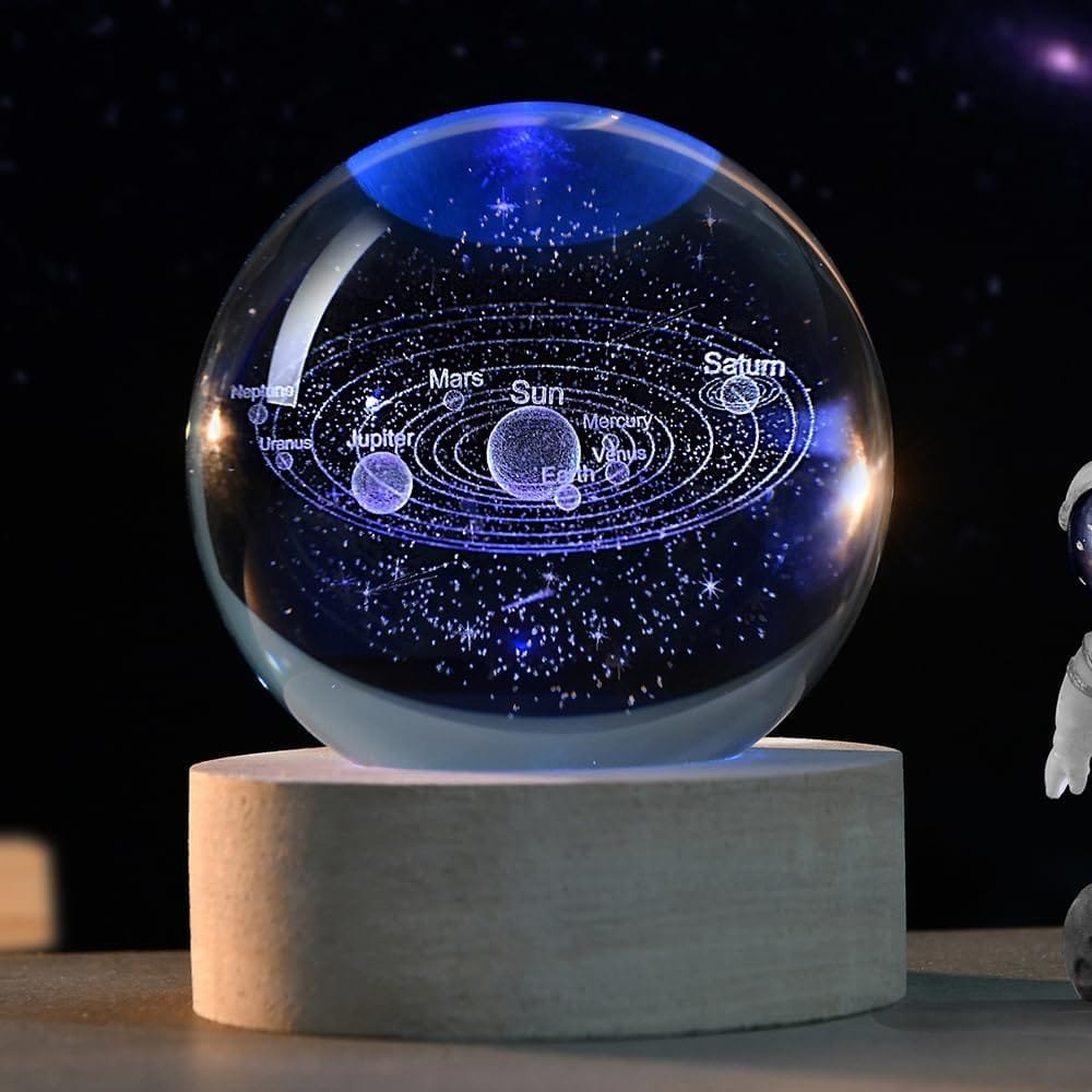 AstroJoy 3D Solar System Crystal Ball with Light Base 60mm Decorative Ball Glass Sphere