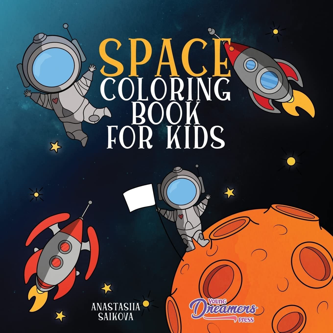 Colorful children's book cover titled "Space Coloring Book for Kids" features illustrations of astronauts, rockets, and a planet.