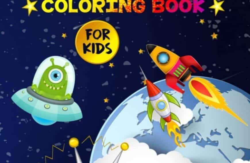 Colorful cover of a children's space-themed coloring book featuring planets, rockets, and aliens against a starry background, with text "Space Coloring Book for Kids.