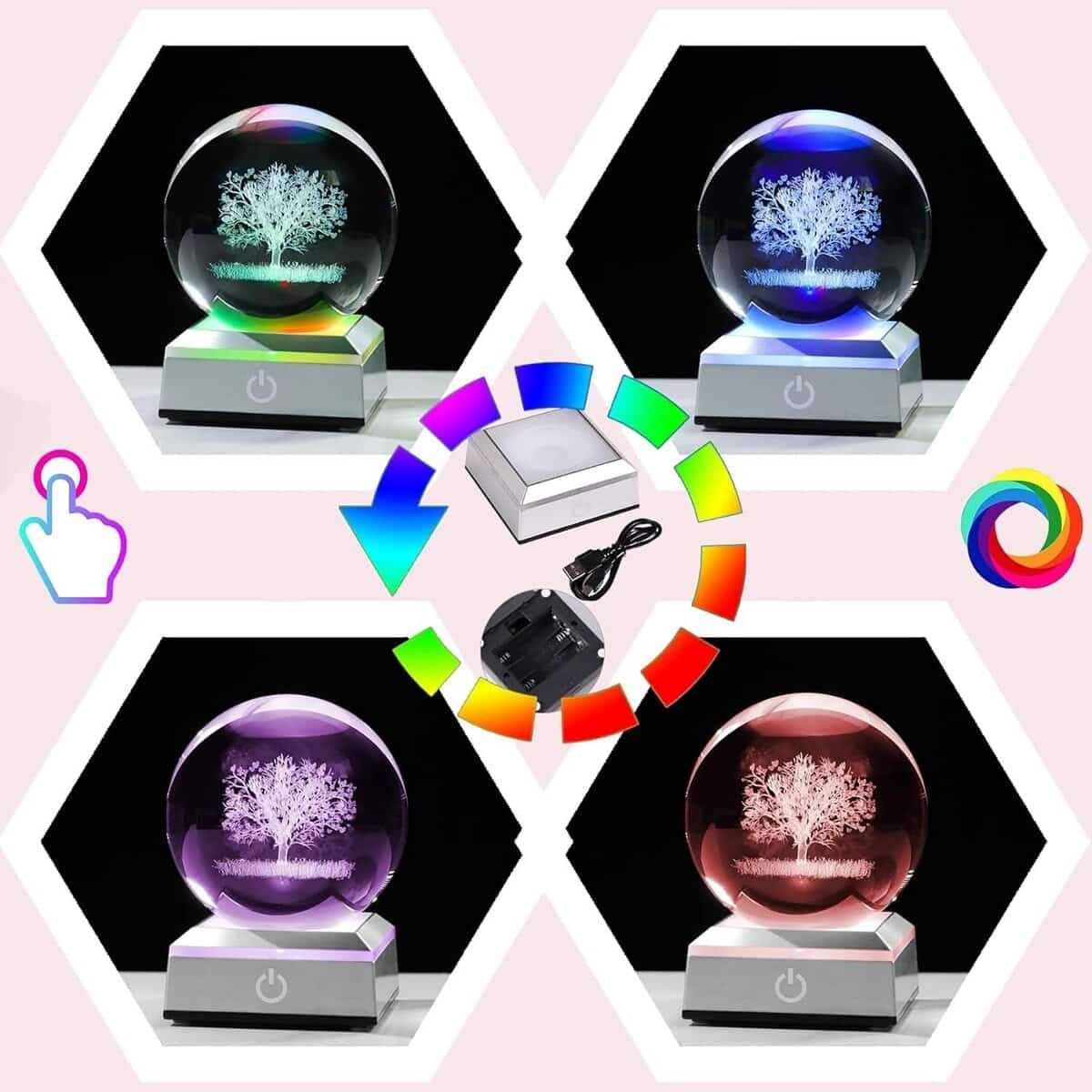 Four crystal balls with illuminated trees on display bases, shown in different colors. In the center are a power adapter, a box, and a color wheel icon.