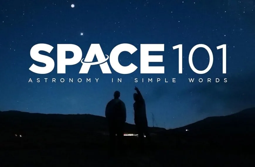 Cover of "Space 101: Astronomy in Simple Words" showing two people silhouetted against a night sky filled with stars.