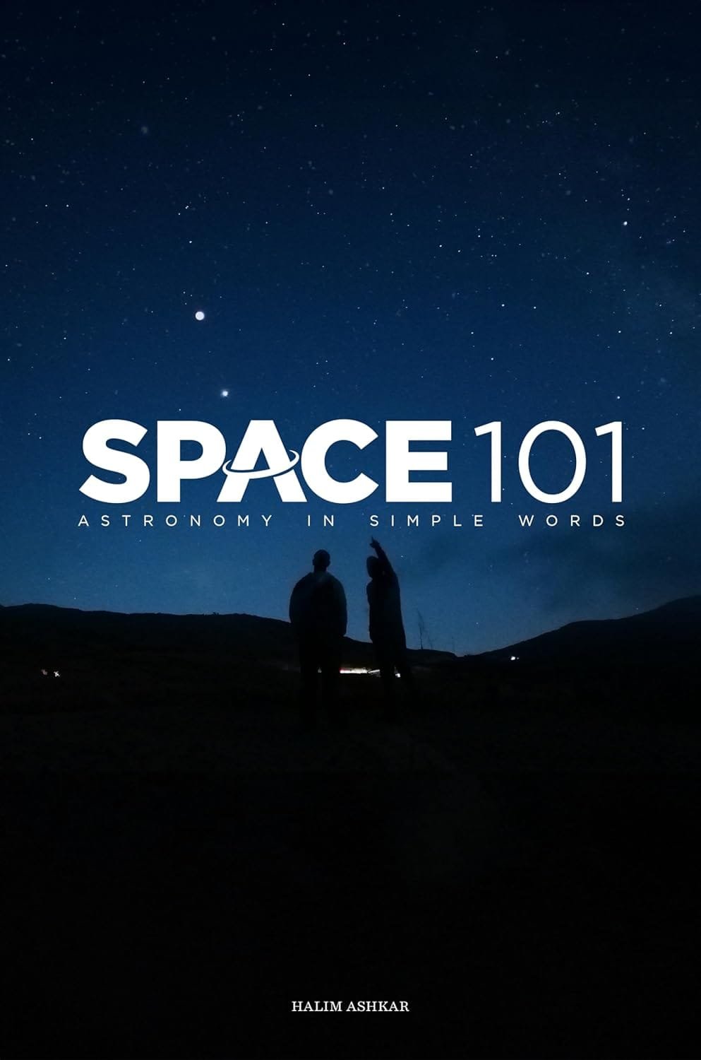 Cover of "Space 101: Astronomy in Simple Words" showing two people silhouetted against a night sky filled with stars.