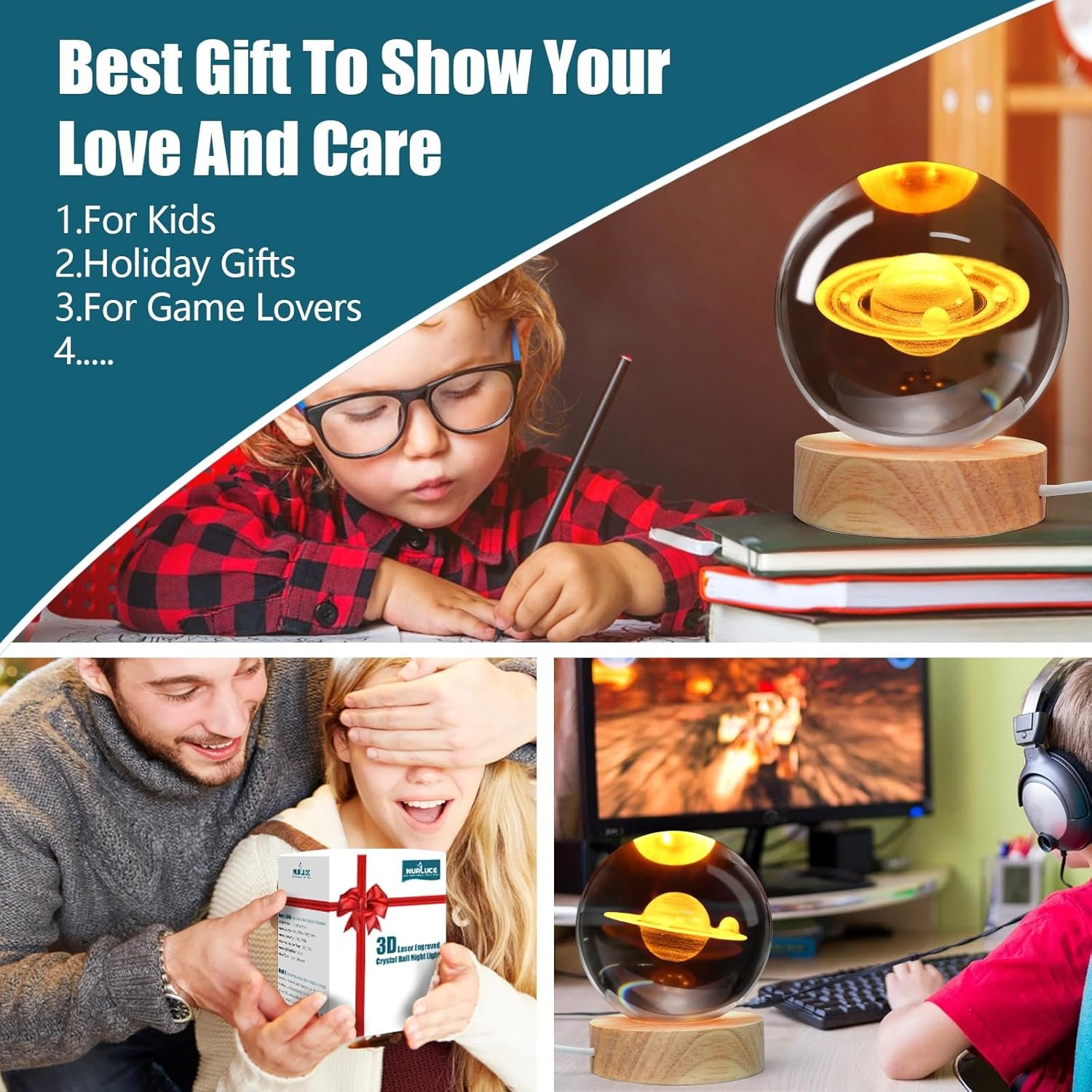 Nurluce 3D Saturn Crystal Ball Night Lights 3.15"/8cm Glass Sphere Wooden Base