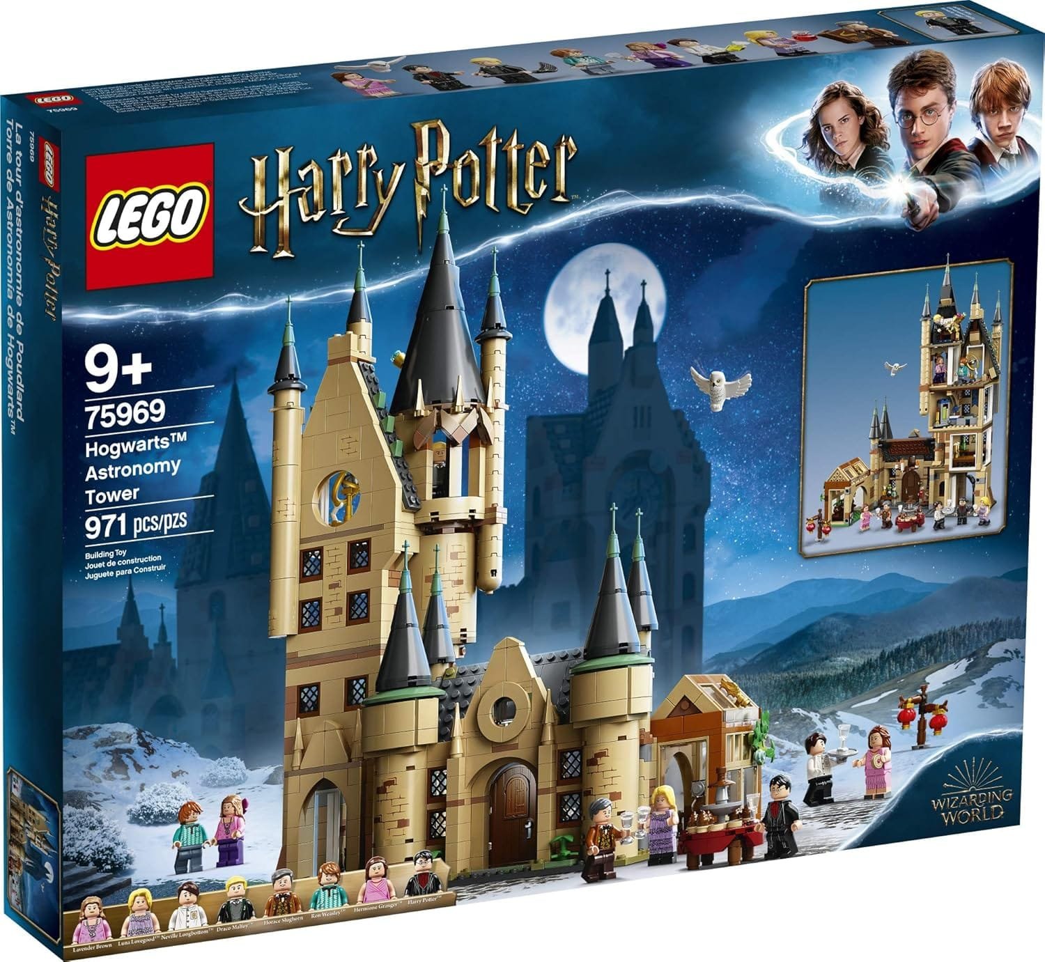 LEGO Harry Potter Hogwarts Astronomy Tower set box, showcasing detailed castle model and minifigures with a backdrop of the Hogwarts castle and a night sky. Includes 971 pieces, for ages 9+.