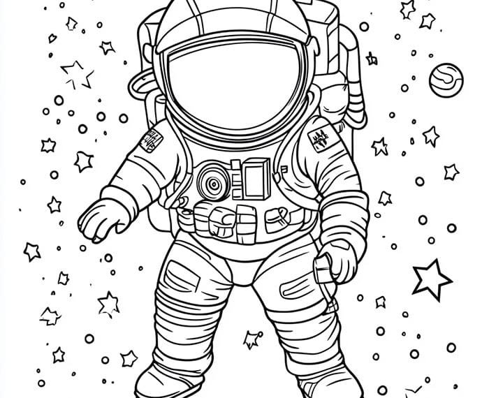 Illustration of an astronaut in a spacesuit floating among stars and planets.