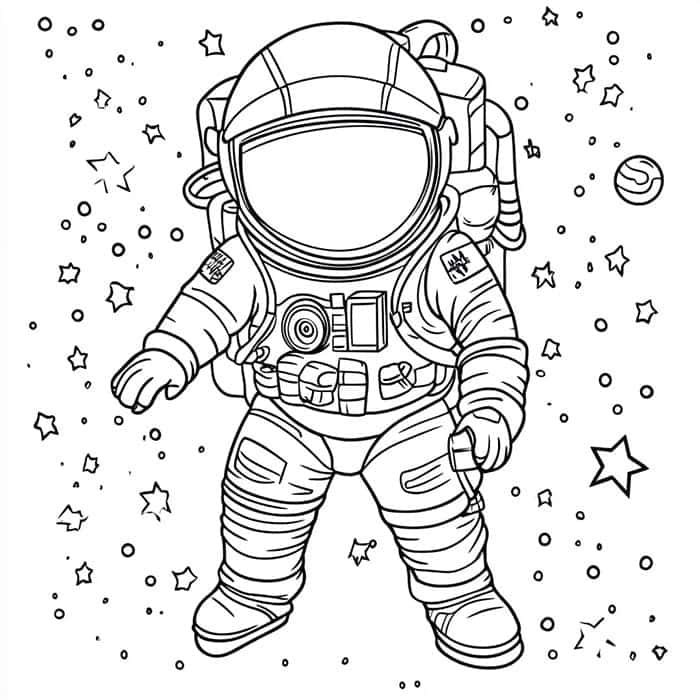 Illustration of an astronaut in a spacesuit floating among stars and planets.