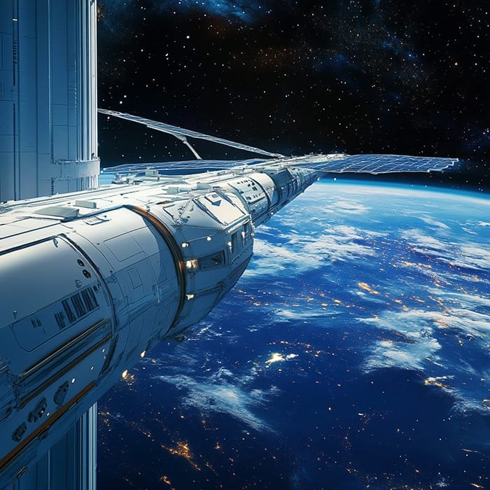 The International Space Station: Bridging Nations in Space Exploration 3 The International Space Station, equipped with advanced solar panels, gracefully orbits above Earth, offering a breathtaking view of the planet and the distant stars beyond.