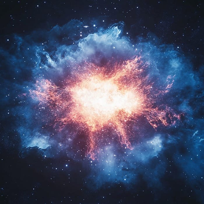 A vibrant nebula, shimmering with blue and orange hues, stands against a starry backdrop in space, illuminating the mysteries of cosmological particle creation.