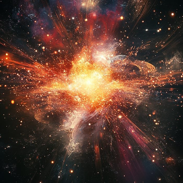 Abstract cosmic explosion with bright, fiery bursts and swirling patterns in space, echoing the dynamic energy of cosmological particle creation.