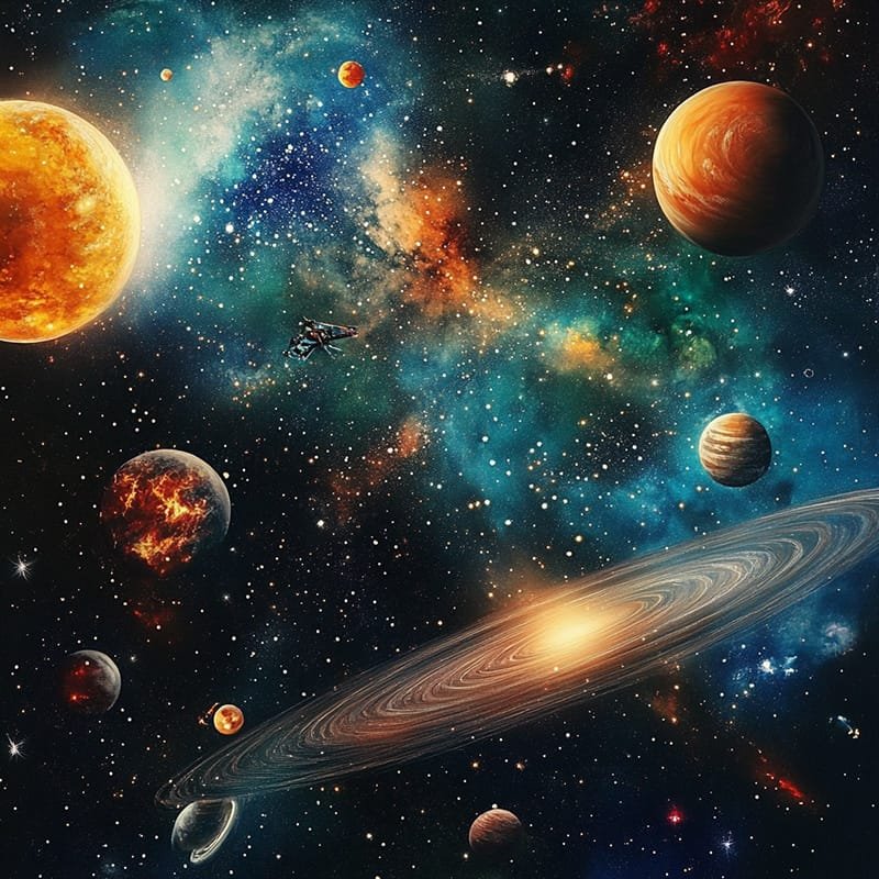 The Cosmic Dance: A Journey Through Countless Space Objects and the Halloween Visitor from the Oort Cloud 3 A colorful space scene showcases countless space objects, with various planets, a vibrant starfield, and swirling nebulae surrounding a spacecraft as it soars through the cosmos.