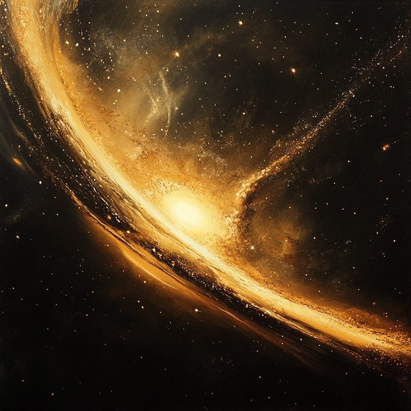 The Cosmic Dance: A Journey Through Countless Space Objects and the Halloween Visitor from the Oort Cloud 1 A swirling galaxy with bright central light is surrounded by a golden, dusty spiral arm against a starry black background, where countless space objects twinkle in the vast expanse.