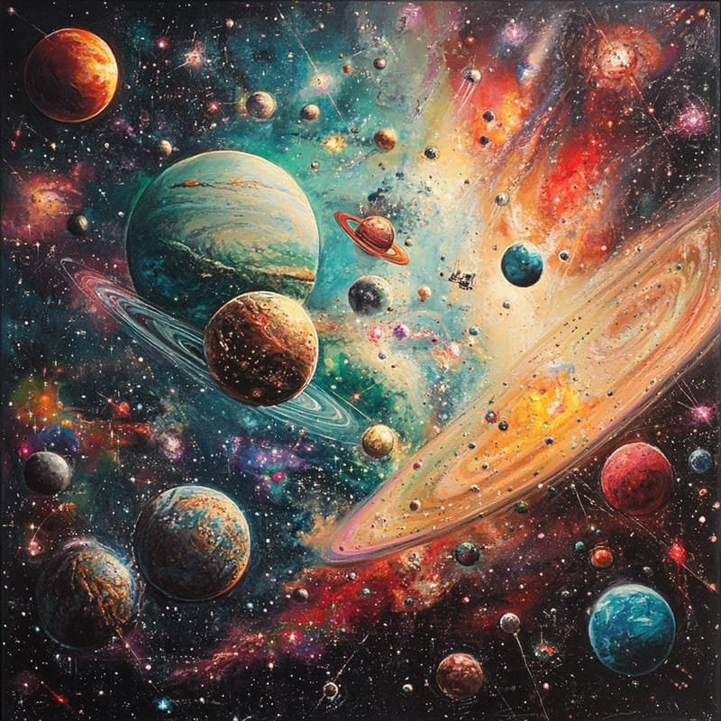 The Cosmic Dance: A Journey Through Countless Space Objects and the Halloween Visitor from the Oort Cloud 2 A colorful illustration of a vibrant galaxy showcases countless space objects, featuring various planets, stars, and cosmic phenomena against a dark space background.