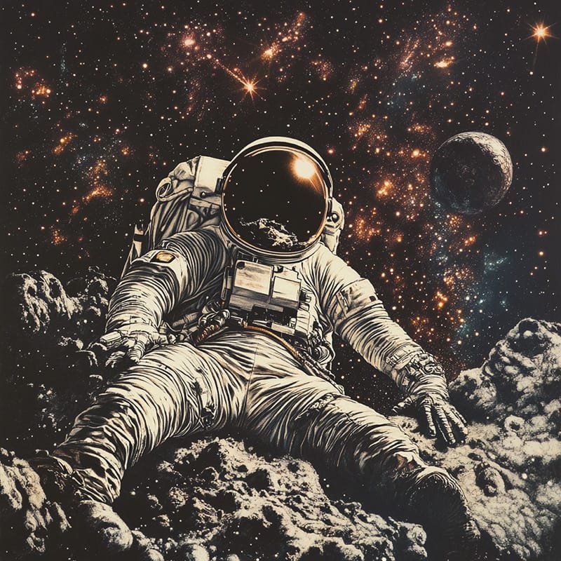 An astronaut in a spacesuit lies on a rocky surface, surrounded by the vastness of space, with stars and celestial bodies shimmering in the background.