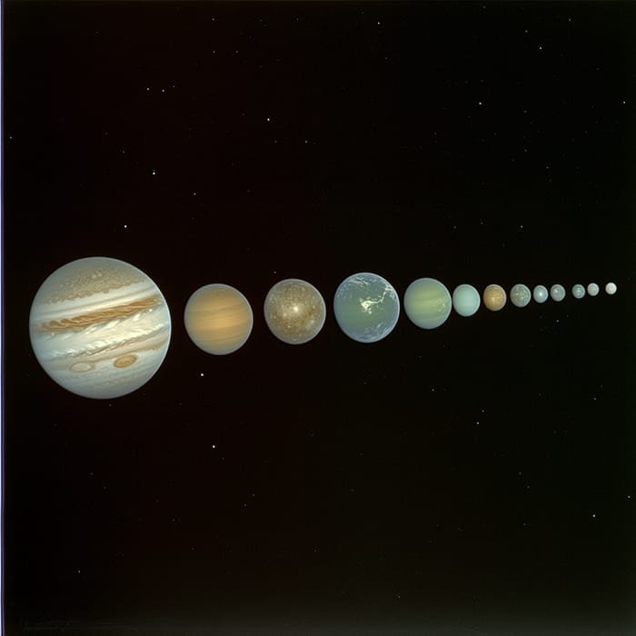 Illustration of the Solar System's planets lined up from largest to smallest against a black background.