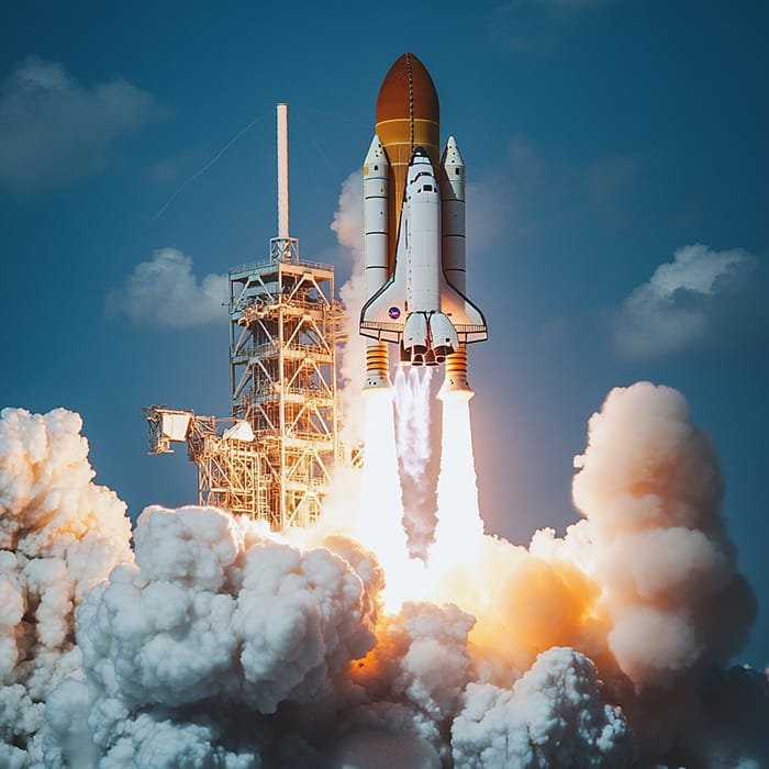 A space shuttle, emblematic of space exploration, launches into a clear blue sky, with engines igniting and smoke billowing below.