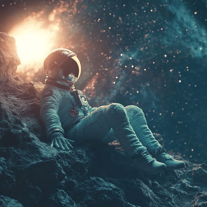 An astronaut in a spacesuit sits on the rocky surface of an alien world, embraced by the vastness of space exploration, with stars twinkling and a bright light illuminating the background.