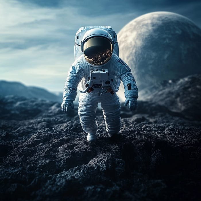An astronaut in a spacesuit embarks on a journey of space exploration, navigating a rocky extraterrestrial landscape with a large planet visible in the background.